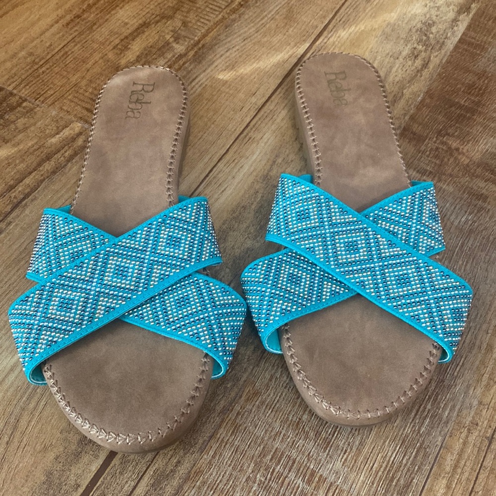 Reba Turquoise Cross Band Silver & gold Beaded Slide Sandals slides size 8